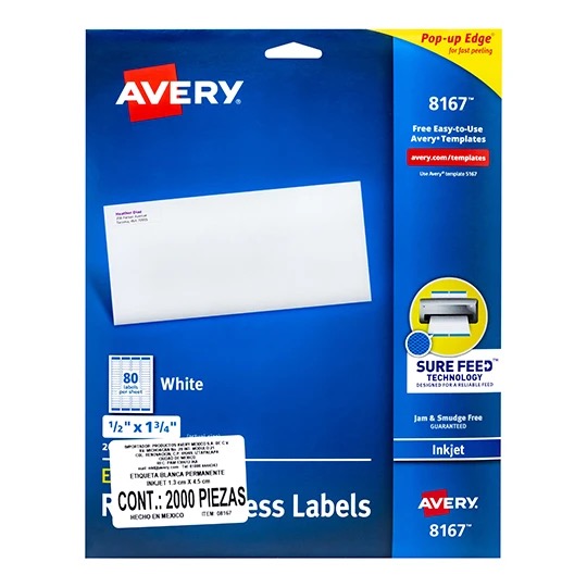 REG-PO-0254 Etiquetas Avery 8167 Easy Peel, 1.3 x 4.5 cm, blancas - Image 1