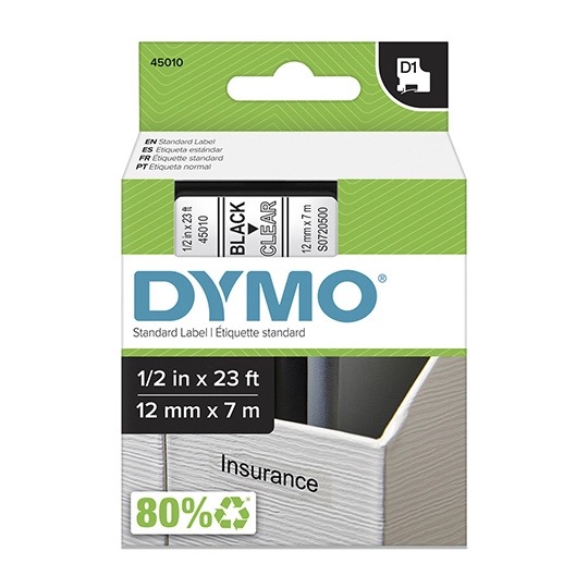 REG-PO-0306 Cinta Dymo D1 45010, negro sobre transparente, 12 mm x 7 m - Image 1