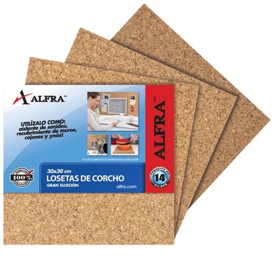 REG-PO-0850 Tablero/loseta de corcho Alfra 6768, 30 x 30 x 0.6 cm, paquete con 4 losetas - Image 1