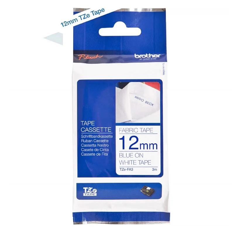 REG-PO-0816 Cinta termoadhesiva Brother TZe-FA3, azul sobre blanco, 12 mm x 3 m - Image 1