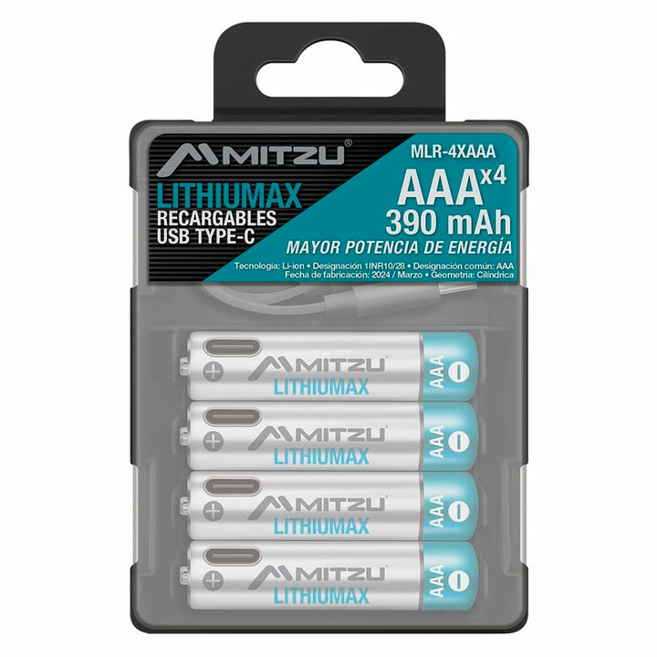 REG-TC-0543 Pilas Recargables Mitzu MLR-4XAAA, AAA Li-ion 1.5 V con carga USB-C, paquete con 4 piezas - Image 1