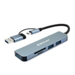 Hub Multipuertos Brobotix 6005453, conector dual USB-A/USB-C, 3 USB-A y lectores SD/microSD, gris